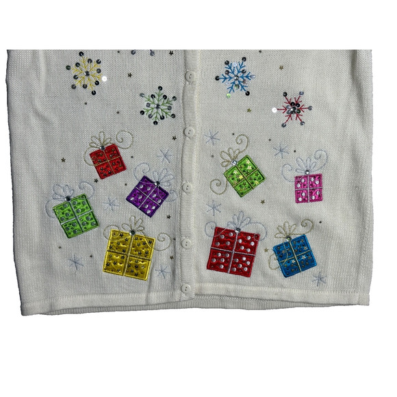 Christmas Sweater Vest Sequins Presents Snowflakes Size XL NEW Cream Silver - Picture 2 of 7